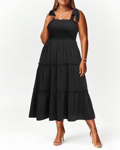 Image of Plus Size Summer Dress - Sun Boho Beach Casual Floral Tiered Smocked Long Maxi Dresses