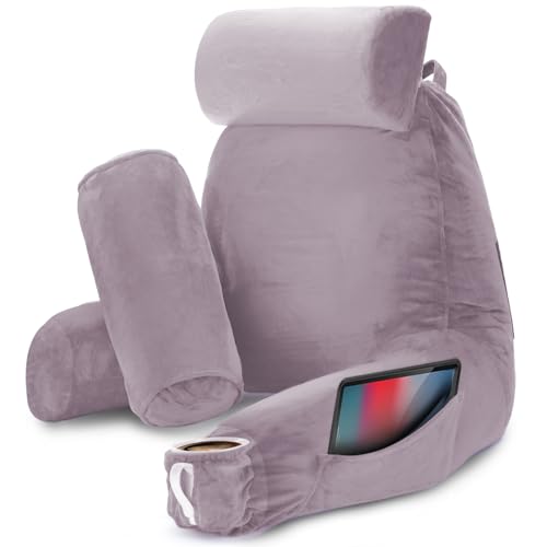 Image of Nestl Reading Pillow with Shredded Memory Foam Includes 2 Neck and Lumber Support Pillows, Designed for Sitting Up in Bed and Couch, Back and Arms Adjustable Support for Adult & Teens, Dusty Purple