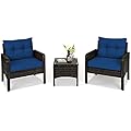 HAPPYGRILL 3 Piece Patio Conversation Set Outdoor Rattan Wicker Furniture Set with Coffee Table & Chairs Patio Bistro with Seat Cushions for Garden Balcony Backyard Poolside