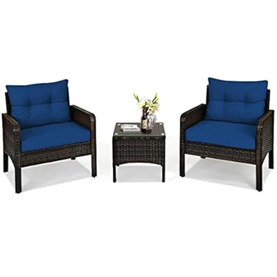 HAPPYGRILL 3 Piece Patio Conversation Set Outdoor Rattan Wicker Furniture Set with Coffee Table & Chairs Patio Bistro with Seat Cushions for Garden Balcony Backyard Poolside