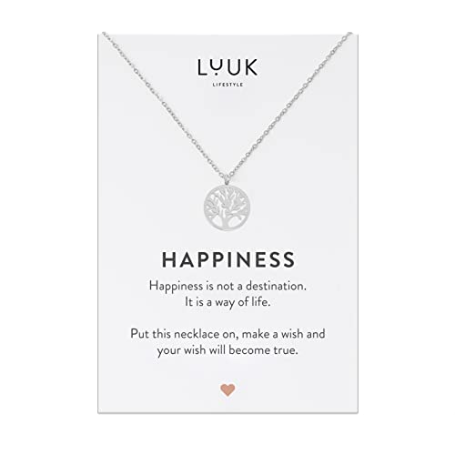 LUUK LIFESTYLE Feminine necklace in stainless steel with Tree of Life pendant and HAPPINESS gift card, trendy jewellery for women, 19” length, nature lovers, meditation zen motif, yoga jewel, silver