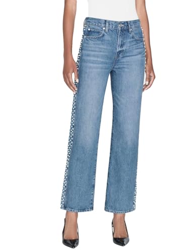 Women's Pearl Beaded Straight Wide Leg Jeans High Waisted Ankle Length Denim Pants