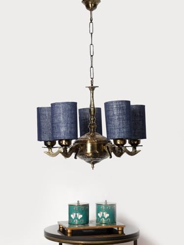 Image of Devansh 05 Lights Blue Jute Round Shade with Antique Golden Chandelier