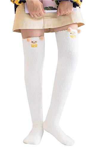 Image of Hotmiss Womens Thigh High Fuzzy Socks Cute Over the Knee Stockings Winter Warm Stripe Leg Warmers