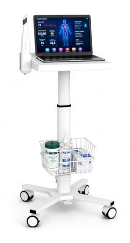 Mount Plus MB-C05 Medical Laptop Workstation Trolley Cart with Wheels, Oral Scanner Holder, Basket Storage | Height Adjustable Rolling Lab Cart with Large Tabletop for Dental Office, Hospital, Clinic