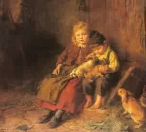 Peinture à l'huile Two Children Playing with Rabbits Félix Schlesinger 36x48