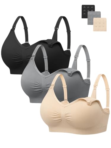 Image of Angelhood Womens Seamless Sleep Nursing Bra,Breastfeeding Maternity Bra with Remove Bra Pads Extenders Pack of 3