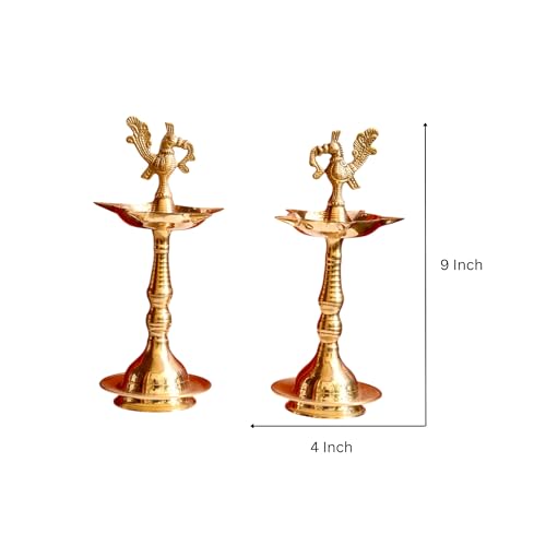 Image of Kerala Brass Diya with Peacock Design | Height: 9 Inch Premium Kerala Kuthu Vilakku I Panchmukhi Diya Puja, Home and Office Temple, Festive Gifting | Pack of 2 | Weight: 330 Grams Each