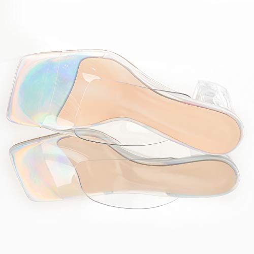 dollskiss Women's Holographic Transparent Chunky Heel Square Toe Sandals Mules4