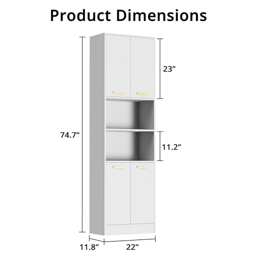Cozy Castle Kitchen Pantry Cabinet, 75" Tall Wood Storage Cabinet with Doors and Shelves, 4 Doors Open Countertop Utility Hutch Cupboard for Dining Room Living Room Bathroom Furniture, White