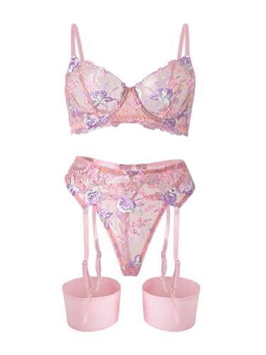 Image of Lilosy Sexy Leaf Floral Embroidered Mesh Sheer Belt Women Underwire Push Up Lingerie Set See Through Bra Panty 3 Piece Bloom Light Pink Medium