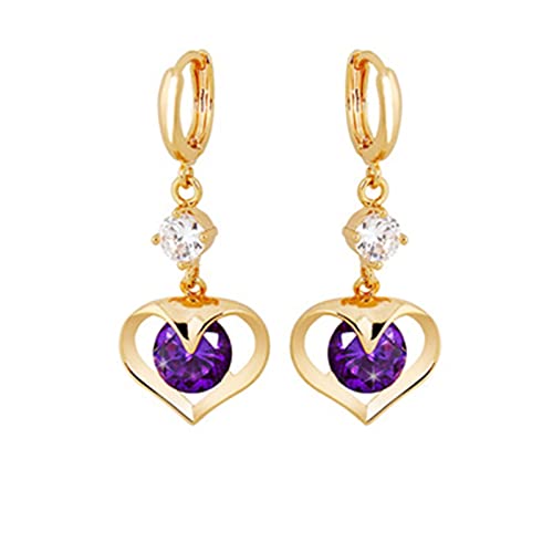 ZQHWYZ 女性用の9Kイエローゴールドダングルイヤリング、ホローラウンドアメジストとラボダイヤモンドダングルイヤリングの女性用フープゴールド
