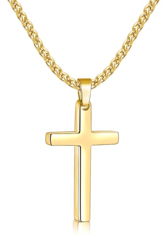 Fiusem Cross Necklace for Men, Silver Tone/Gold Plated/Black Mens Cross Necklaces with 2.5mm Chain, Stainless Steel Wheat Chain, 16-24 Inch