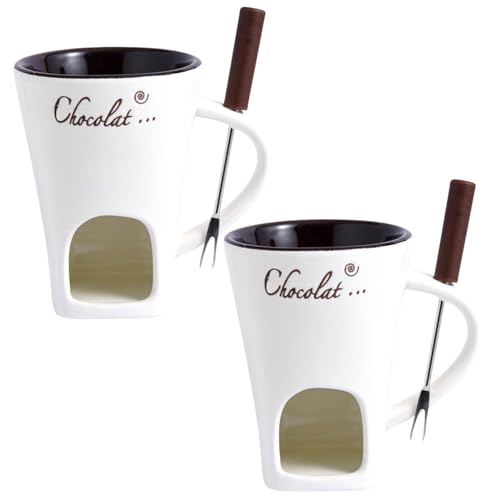 SMELEYOU 2pcs Chocolate Fondue Mug 200 ML résistant à la Chaleur en céramique Fondue avec fourchettes à Fond réutilisable la Tasse de la Nuit Anniversaire et Cadeaux de Mariage Blancs et Blanc