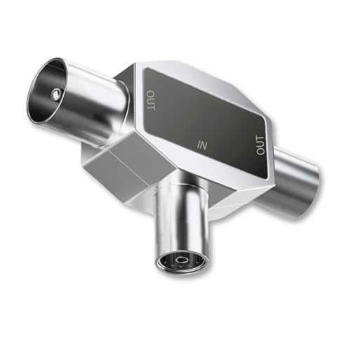 TECHZOCO Distribuidor de TV, Distribuidor de antena, divisor TV, Adaptador antena en T, Divisor Coaxial en T, Adaptador doble coaxial, 5-1000 MHz, DVB-T2, Metálico, 2 salidas Macho a 1 Entrada Hembra