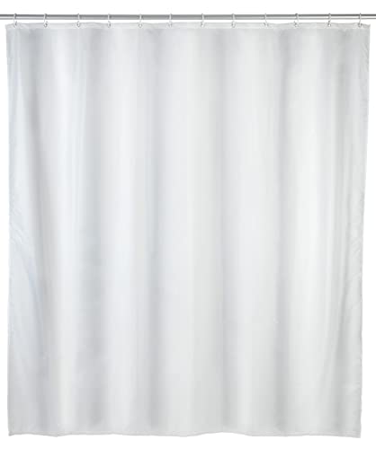 WENKO Anti-Schimmel Duschvorhang WeiĂź, Textil-Vorhang mit Antischimmel Effekt fĂĽrs Badezimmer, waschbar, wasserabweisend, mit Ringen zur Befestigung an der Duschstange, 120 x 200 cm