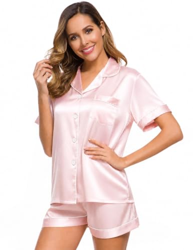 Image of SWOMOG Womens Silk Satin Pajamas Set Short Sleeve Sleepwear Button Down Top and Shorts Loungewear 2 Piece Pjs Set XS-3XL