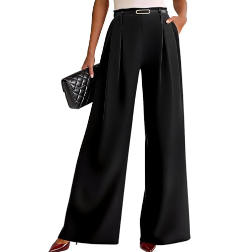 Okdance Womens Trousers High Waisted Wide Leg Trousers Elegant Work Office Pants with Pockets Casual Long Trousers (UK, Alpha, S, Regular, Regular, Black)
