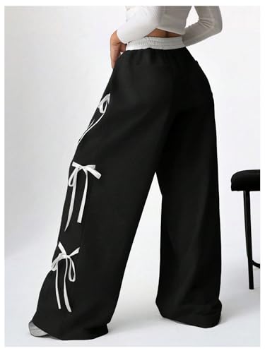 SHENHE Women's Wide Leg Baggy Sweatpants Elastic Waist Tie Bow Pants Loose Long Pants2
