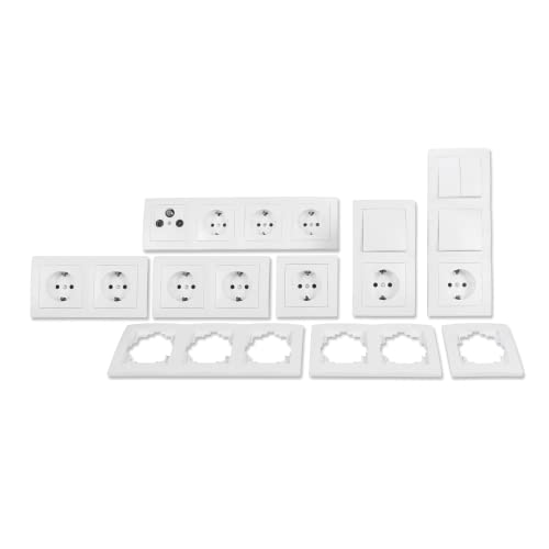 MC POWER - FLAIR - Steckdosen-Set und Schalter-Set I Komfort I 23-teilig I Serien-Schalter, Antennendose, Schutzkontakt-Steckdose, Rahmen 1fach 2fach 3fach 4fach weiß, matt