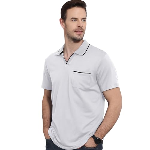 Men's Polo Shirt Short Sleeve V Neck Casual Classic Lightweight Tees Golf Cotton Stylish T-Shirt with Pocket White XL