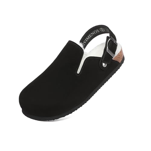 Gvimenos Women's Suede Clogs Fur Lined Slip-On Leather Mules with Adjustable Buckle and Arch Support, Black Furlined 9
