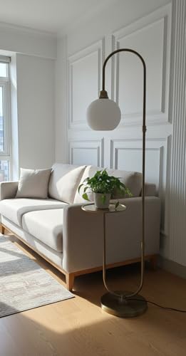 Image of Divine Trends Modern Table Shelf LED Floor Lamp Standing Brass Antique Finish 5ft Height with Shelf Diameter 10 Inches and Glass Milky White Globe Lampshade (Pack of 1)