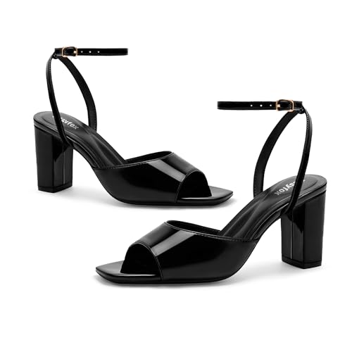 Image of Easyfox Open Toe Chunky Heel Sandals for Women Ankle Strap 3 Inch High Heels Dress Wedding Block Shoes