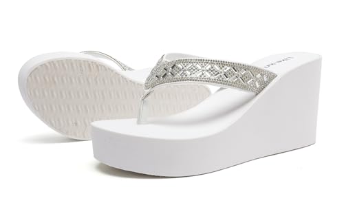 Image of Rhinestone Wedge Sandals for Women Platform Flip Flops Wedge flip flops Wedding shoes Wedge Heels for Women Dressy