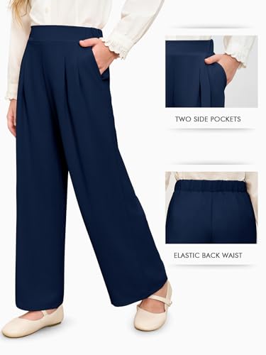 Haloumoning Girls High Waisted Uniform Pants Kids Wide Leg Dress Pants Casual Trousers with Pockets 5-14 Years