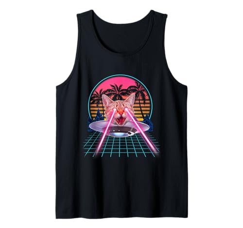 Laser Cat Eyes Kitten UFO Retro 80s Funny Cats Lovers Tank Top