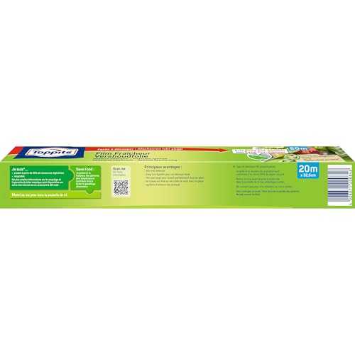 Toppits Frischhaltefolie - 1 x 20m Selbsthaftende 3-Schicht Spezialfolie, Ergonomische Packung mit Abreiß-Säge, Transparent