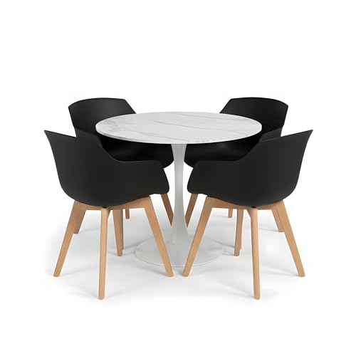 buybyroom Conjunto de Comedor Moderno: Mesa Redonda de 80 cm con 4 sillones Negros (Mesa de mármol de Ø 80 cm y 4 sillas)