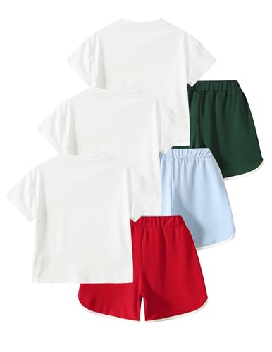 Image of Girls 6 Piece Outfits Letter Print Vacation Tee Top and Dolphin Shorts Tracksuit Sets for Kids Sports, Casual, Dance