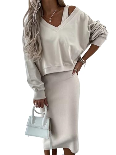 SweatyRocks Herbstkleid Damen Elegant Langarm Zweiteiler Bodycon Kleid Mit Pullover 2 Teiler Maxikleider Strickkleid Winter Outfit Aprikosenfarben M