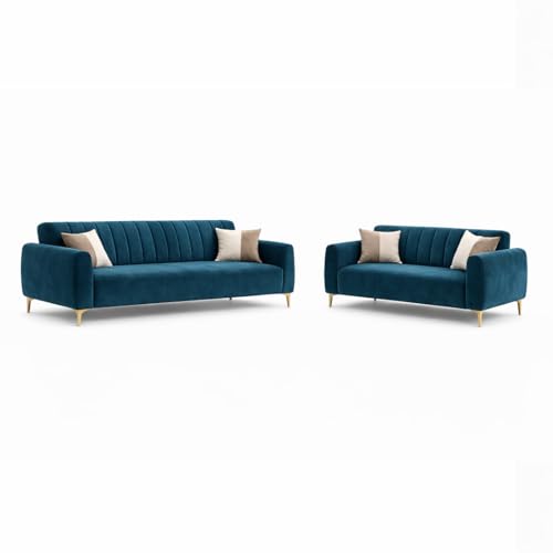 Image of Habibi Rich Velvet Suede 3+2 Seater Sofa Set | Spacious Soft Touch Comfort Seating | 5 Person Seating | Modern Living Room Sofa Set (Green Teal)