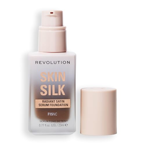 Image of Revolution Skin Silk Radiant Satin Serum Foundation, F15NC Dark Skin Tones | Buildable Coverage, Hydrating Hyaluronic Acid for a Natural Finish, Vegan & Cruelty-Free, 0.77 fl oz