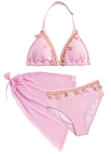 Maeau Traje de baño de 3 piezas para niños y niñas, parte superior de bikini+bragas+falda cubierta, traje de baño de concha, ropa de playa, 8-12 años, 01 Rosa, 12 años