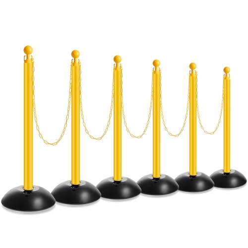 Amylove Plastic Stanchion Post Set, Traffic Warning Line Stanchion Crowd Control Safety Barriers Driveway Barrier with 5 Chains and 10 S Hooks for Outdoor Indoor Parking (Yellow,6 Pcs)
