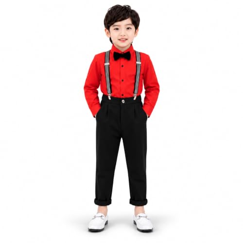 Image of SAGAR IMPEX Boys Cotton Blend Solid Full Sleeves Shirt and Pant Set with Suspender and Bow Tie | Clothing Set for Boys