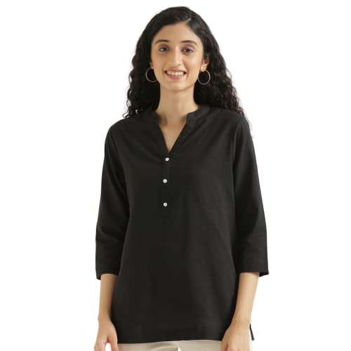 Image of SAADAA Women Short Kurti Airy Linen Regular Fit Kurta with 3 /4th Sleeves, Mandarin Collar, Side Slit Perfect for Casual, Formal, and Ethnic Wear