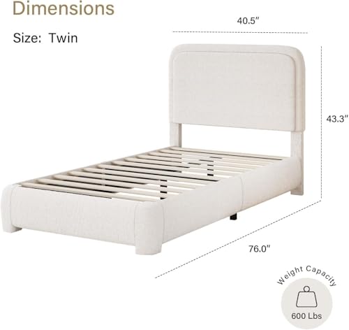Image of BarnFurin Twin Bed Frame, Cloud Boucle Headboard, Rounded Corners, Beige | Soft boucle and rounded edges create a low-profile cloud look. Wooden slats support the mattress without a box spring