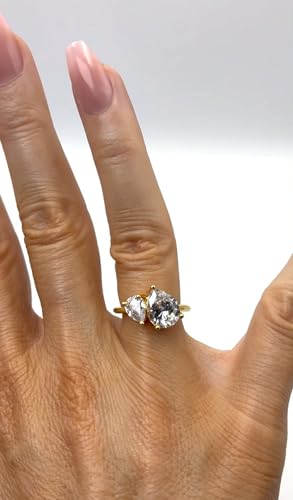 Toi et Moi Pear Teardrop Shape Clear White Cubic Zirconia CZ Engagement Ring, 18k Yellow Gold Plated, Size 73