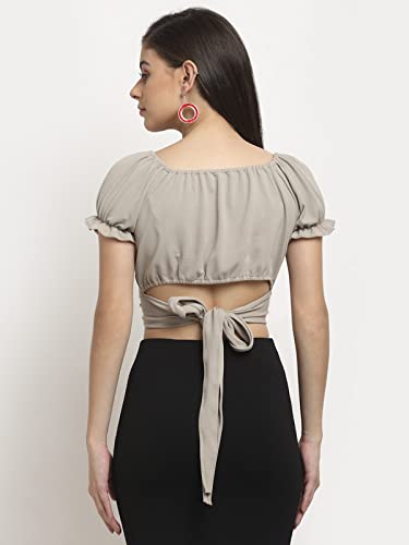Image of ELEVANTO Women's Ruffle Stylish Short Sleeve Tie Up Back Crop Top Off Shoulder Bardot Blouse /Tops for Summer