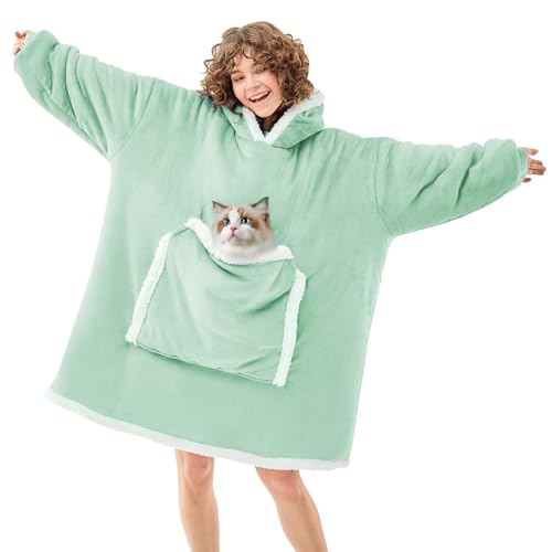 JOYWOO Wearable Blanket Hoodie, Birthday Gifts for Women Men Mom, Oversized Hooded Blanket for Adult, Cozy Fuzzy Sherpa Sweatshirt Blanket with Giant Pocket,Grey