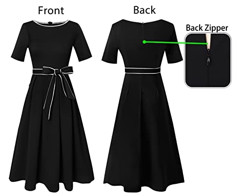 VFSHOW Womens Elegant Patchwork Pockets Pleated Work Office Business Casual Party Belted A-Line Midi Dress4
