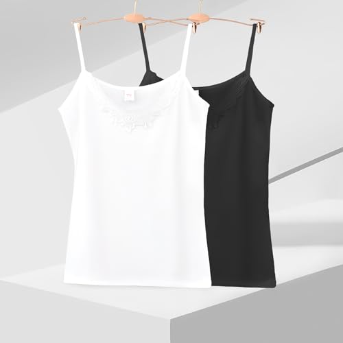 Image of Womens Tank Top Camisoles with Premium Cotton Italian Design - Trimmed with Flower Lace on Neckline