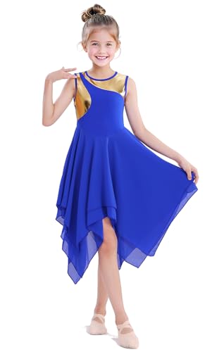 yrsZX Girl\'s Praise Dance Overlays Dress Tunic Irregular Flowy Skirt Worship Liturgical Lyrical Dance Costume Royal Blue, Tag 160 - Thumbnail 3