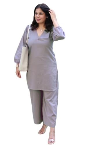 Image of Femezone Women Cotton slub Co-ord Kurta and Pant Set (FEM22230610-01-Vcord)