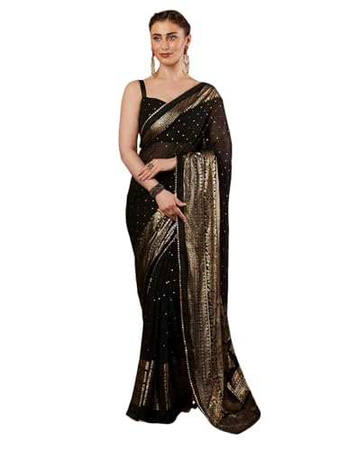 Image of SAMAH Women's Georgette Foil Printed Lace Work Saree with Unstitched Blouse Piece